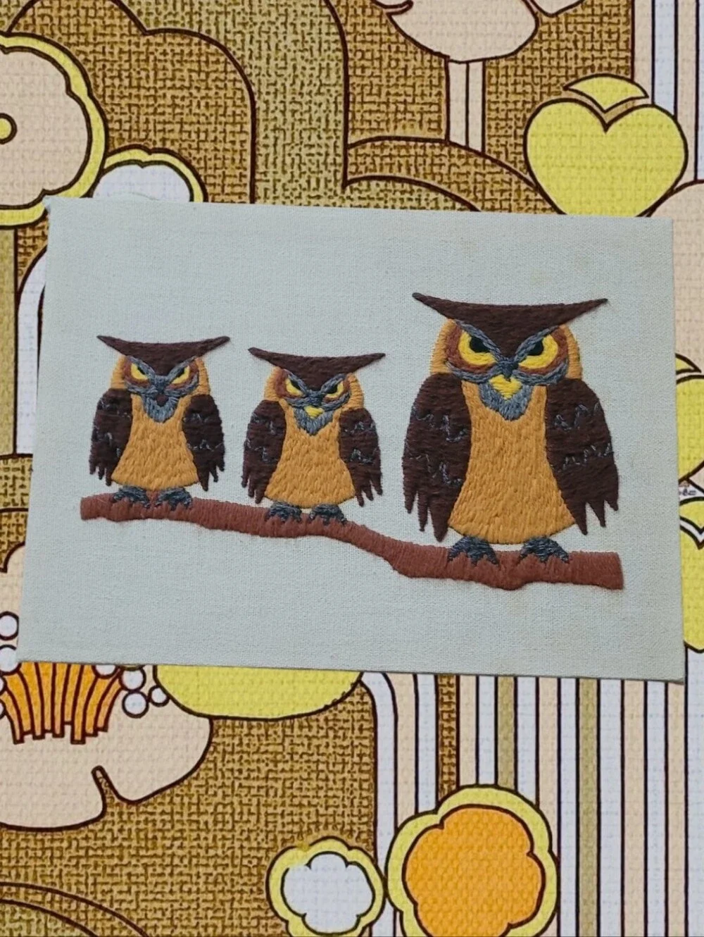 Handmade Brown and Yellow Owl Embroidery Wall Art